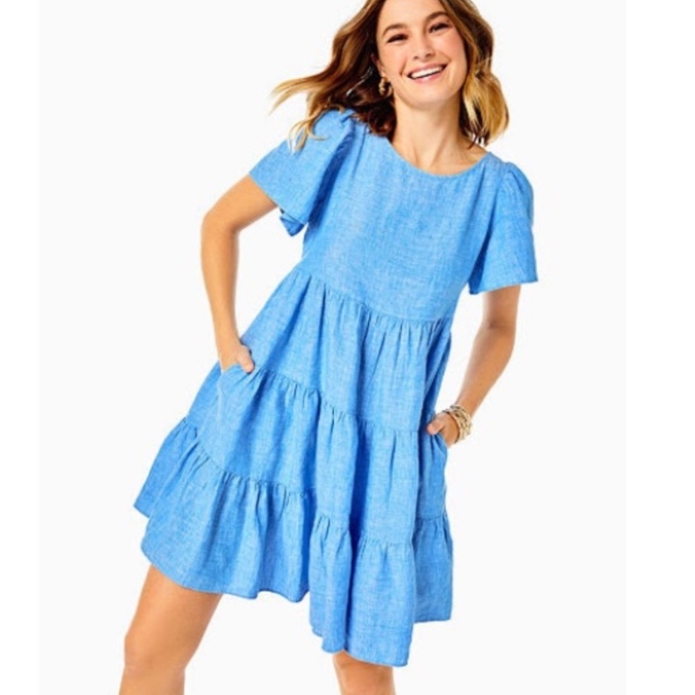 Lilly Pulitzer || Jocelyn Short Sleeve‎ Linen Dress A-Line Mini Tiered Blue L